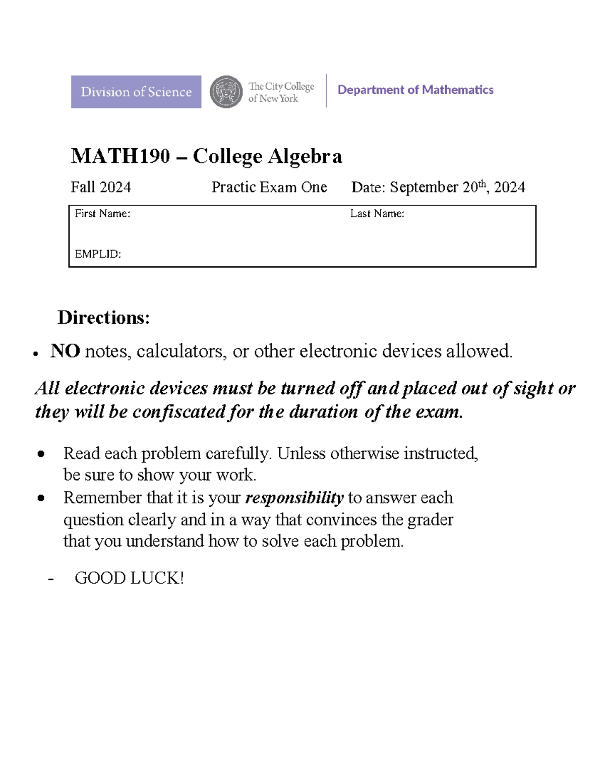 MATH190 FA24 Practice Exam 1 Instructions and Questions - Studocu