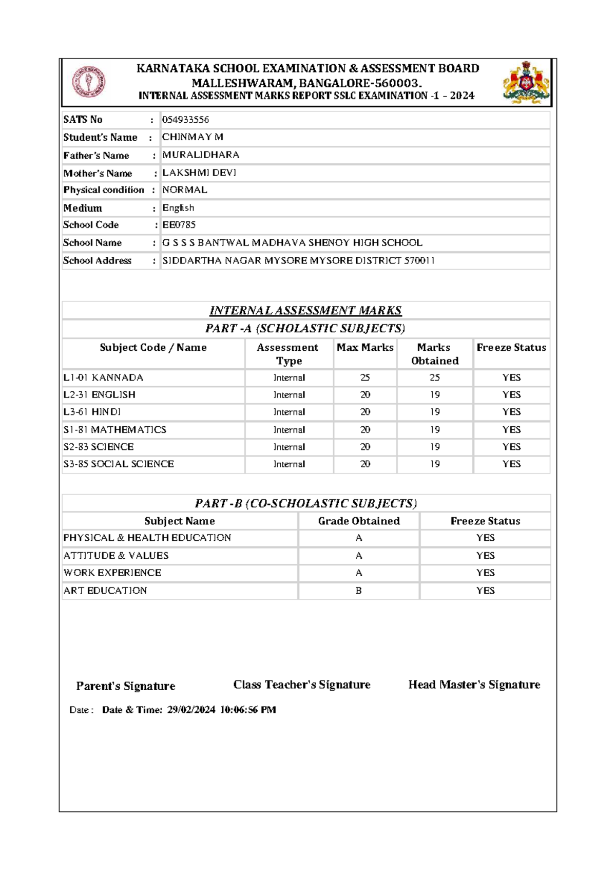 054933556 - SSLC Internal Assessment Marks Report 2024 - Studocu