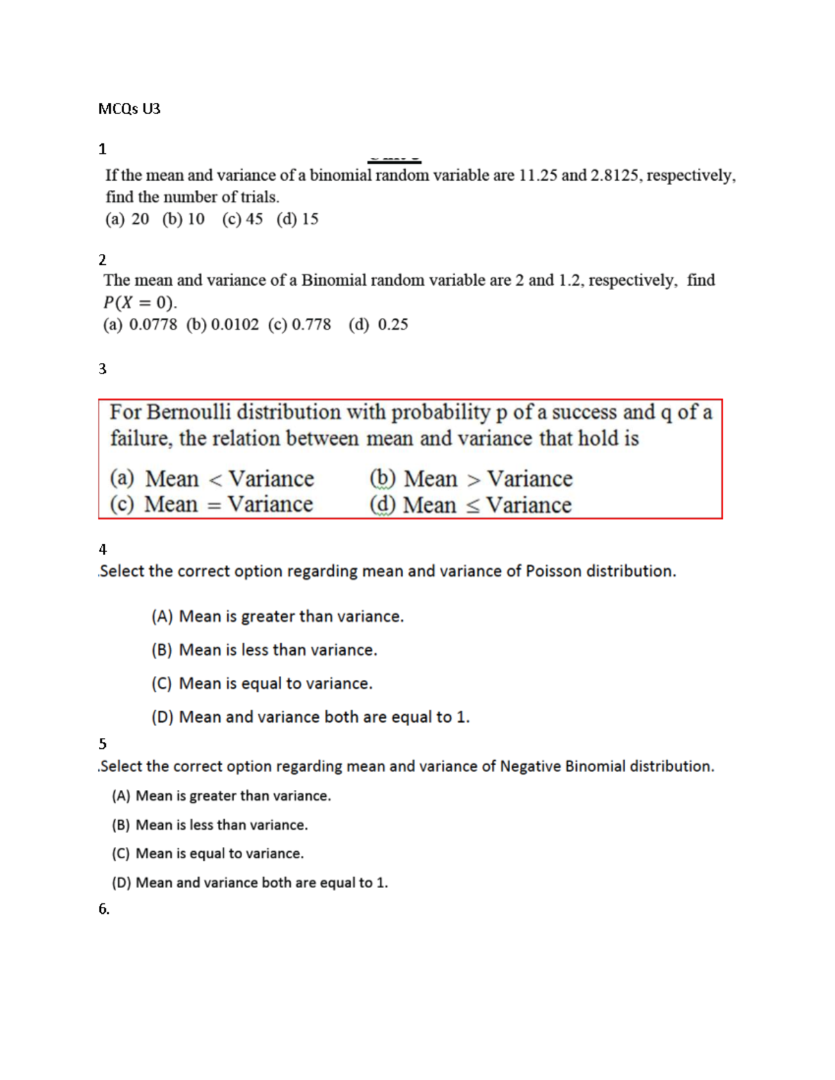 MCQs U3 Practice on Binomial & Negative Binomial Dist. - Studocu