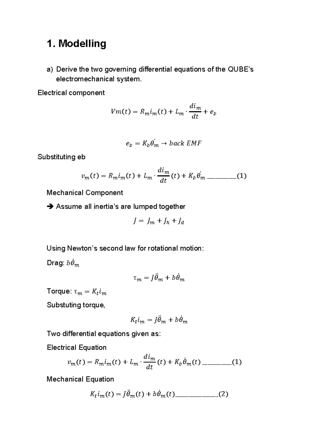 MMAN3200 Lab Report 1: Electromechanical System Modeling and Analysis ...