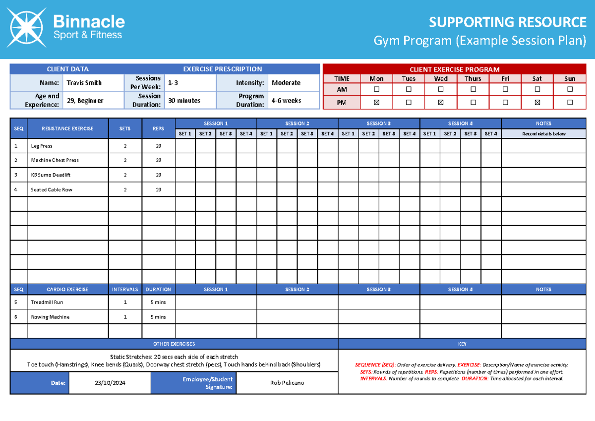 Gym Program (Example Session Plan) for Client Travis Smith - Studocu