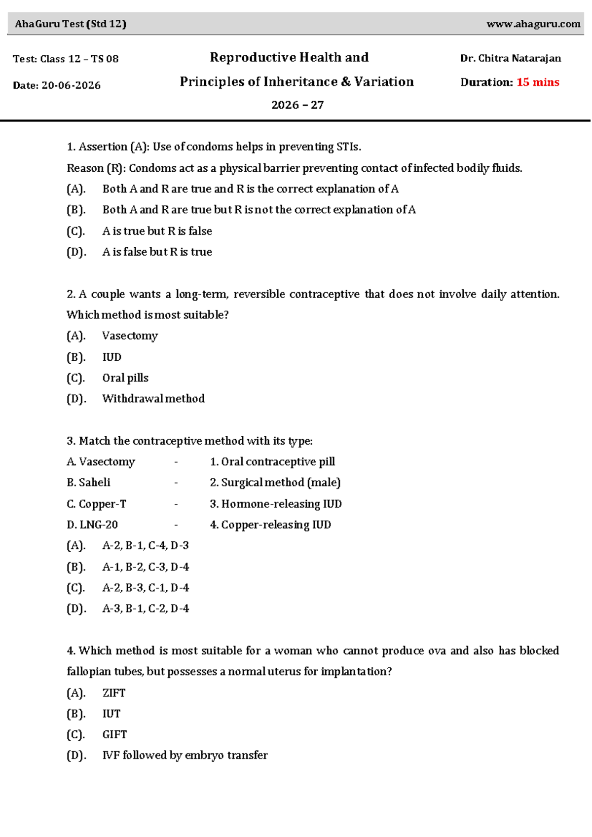AhaGuru Test (Std 12) on Reproductive Health & Inheritance Principles ...