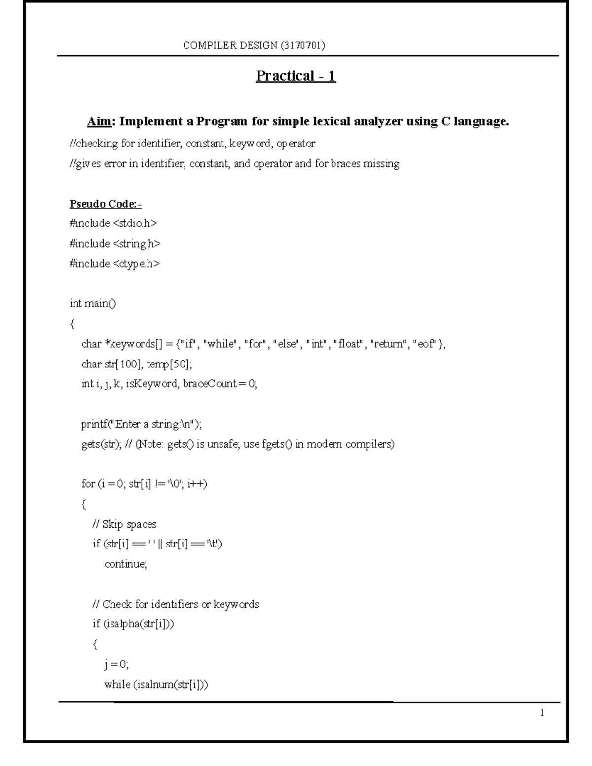 COMPILER DESIGN (3170701) Practical Guide to Lexical Analyzers - Studocu