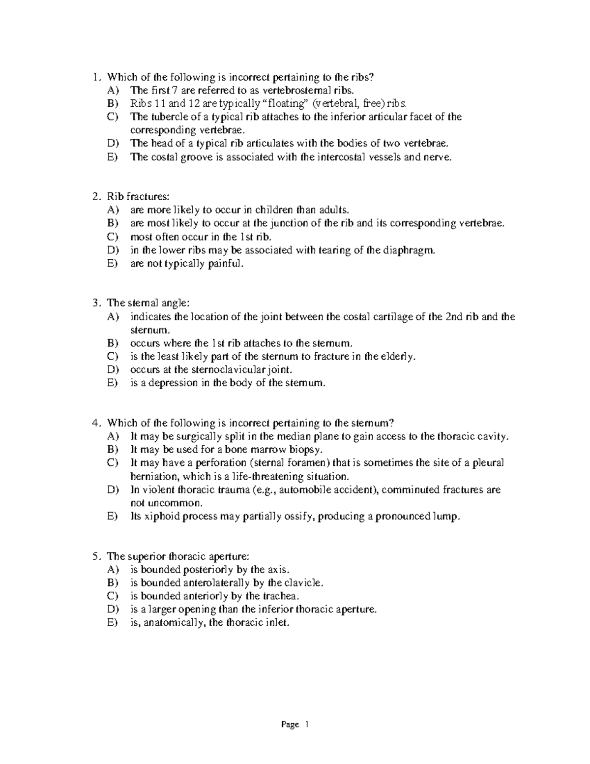 Anatomy Quiz Notes for Course ANAT 101: Ribs, Sternum, and Thoracic ...
