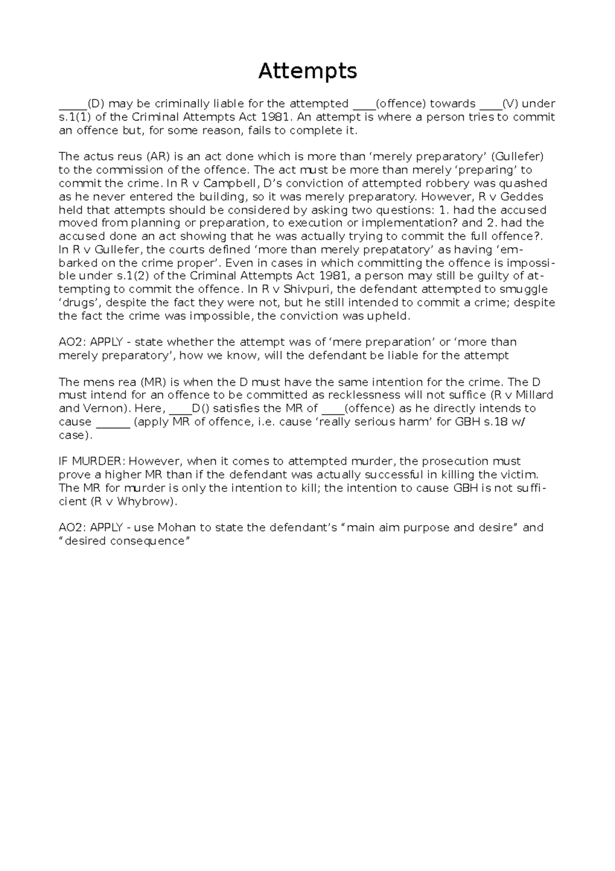 Attempts Analysis Essay Plan: Criminal Attempts Act 1981 - Studocu