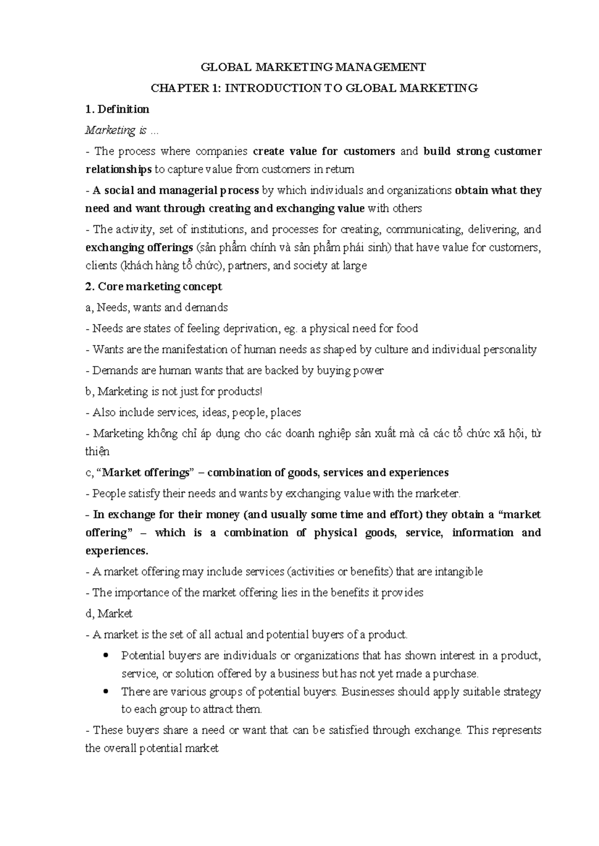 GLOBAL MARKETING MANAGEMENT CHAPTER 1: INTRODUCTION TO MARKETING - Studocu