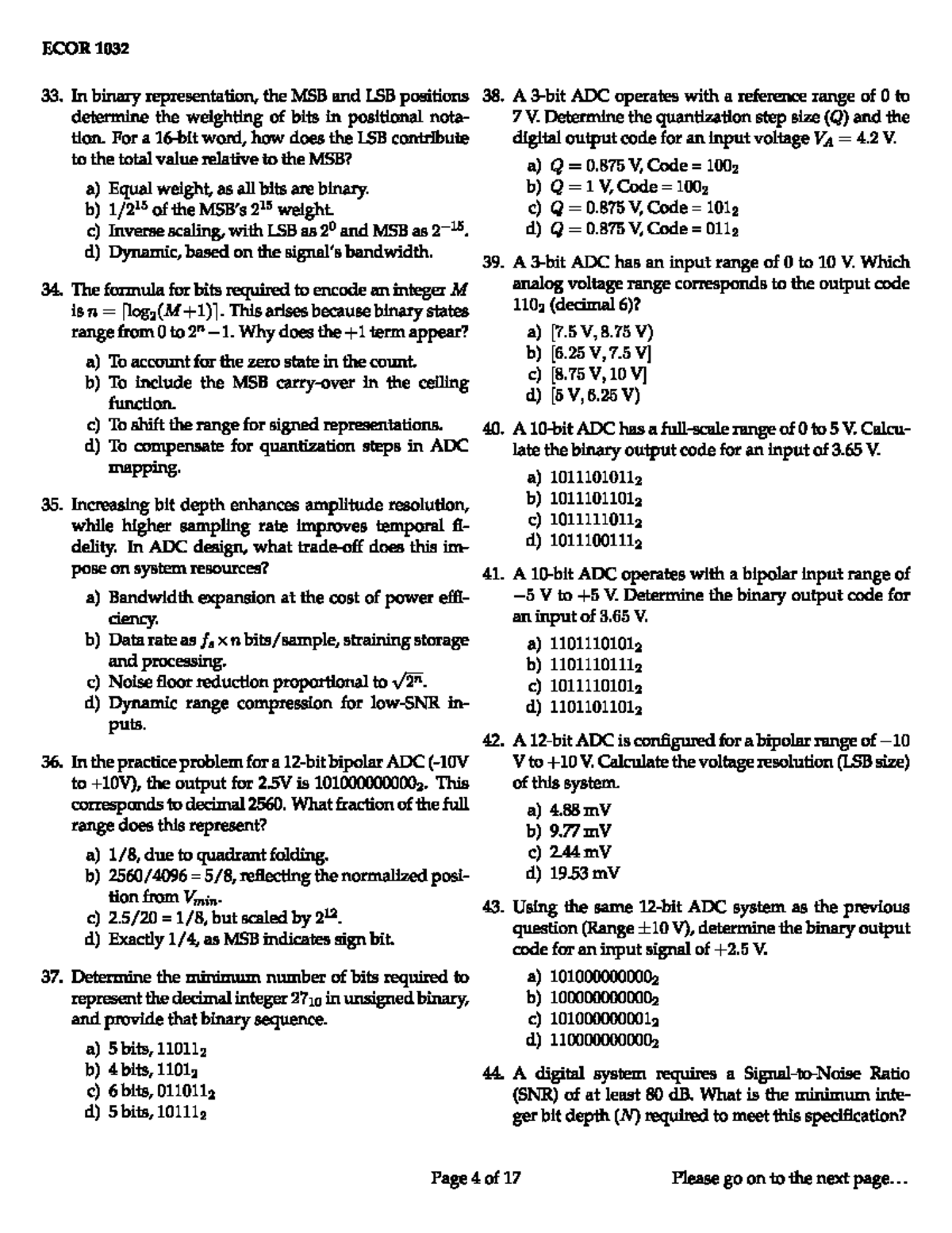 ECOR 1032 Mock Exam: Binary Representation & ADC Concepts - Studocu