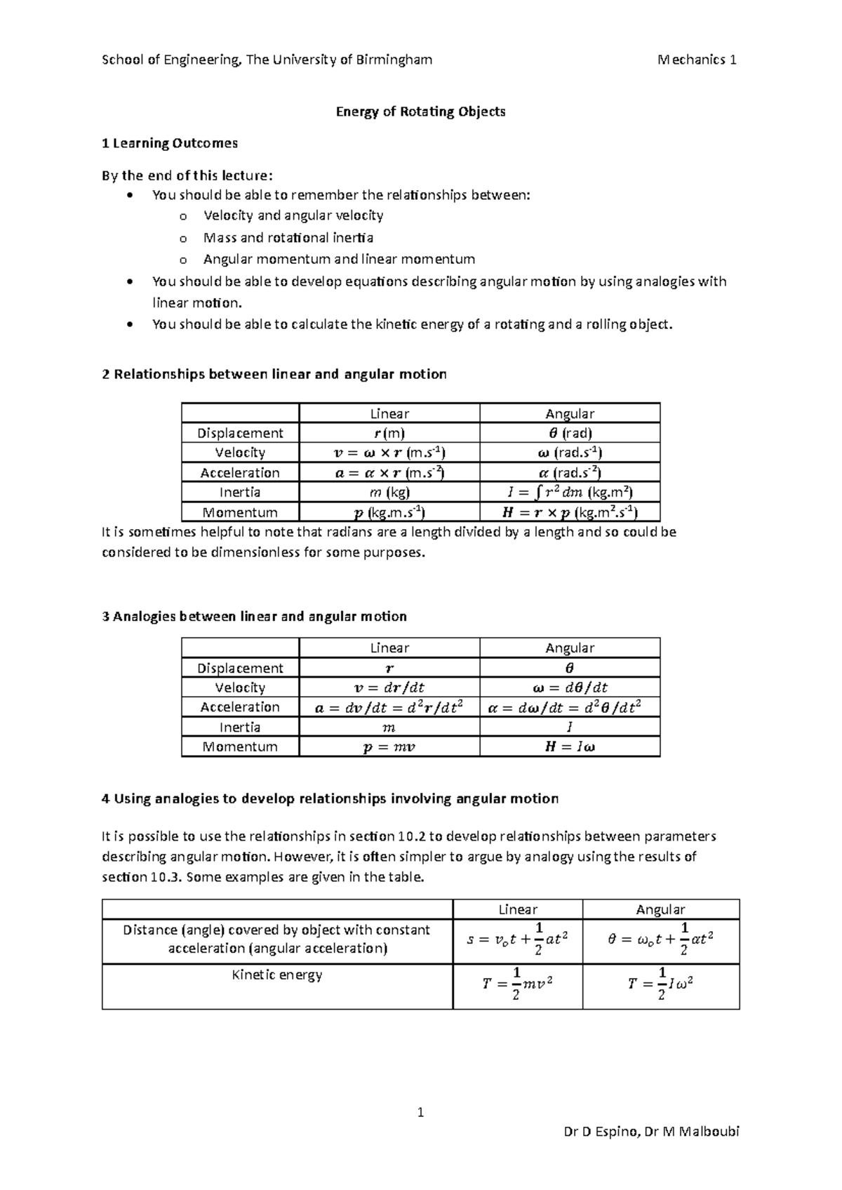 Energy of Rotating Objects Lecture Notes - Mechanics 1 (ENG101) - Studocu