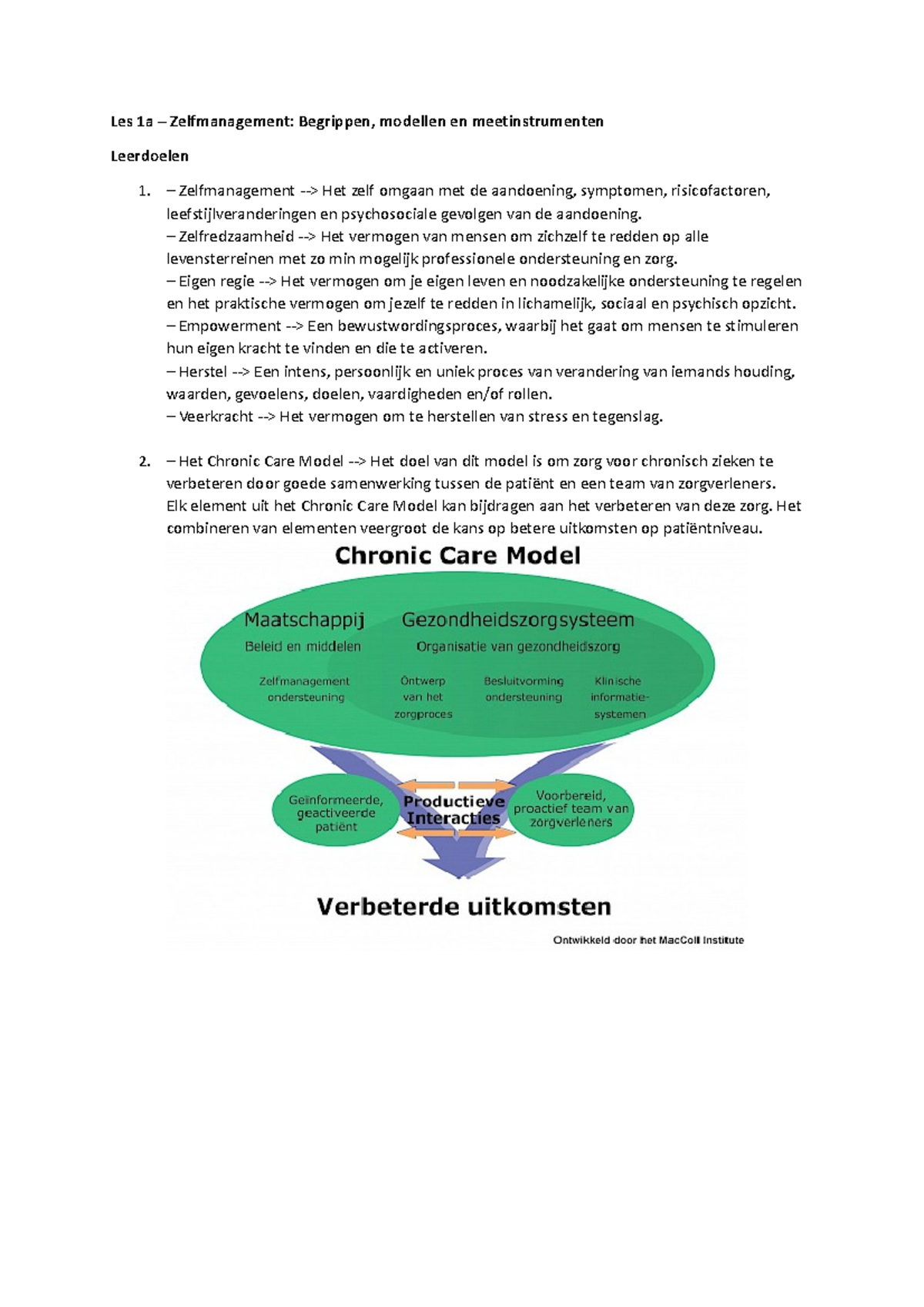 Leerdoelen Zelfmanagement en Chronic Care Model - Kern 3AC - Studeersnel
