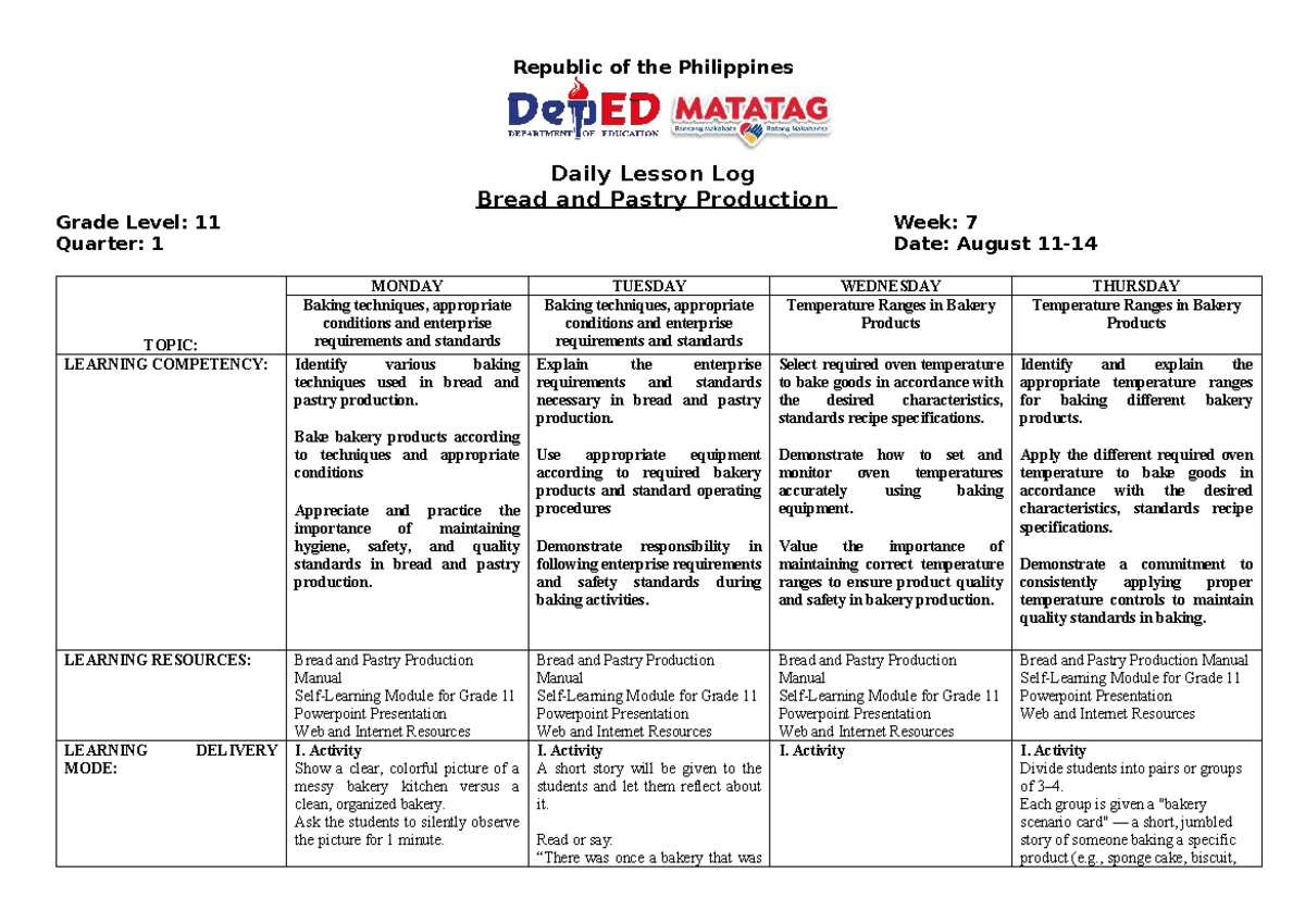 G11 DLL WK 7 - Daily Lesson Log on Bread and Pastry Production - Studocu