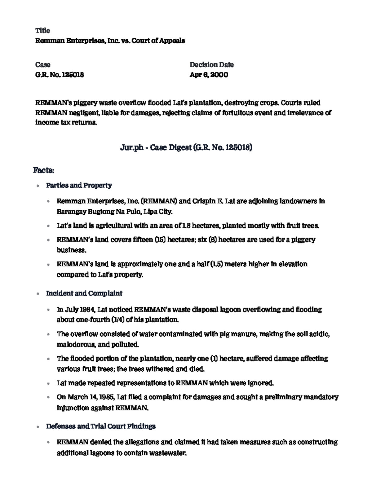Case Digest: G.R. No. 125018 - Remman Enterprises, Inc. Negligence ...
