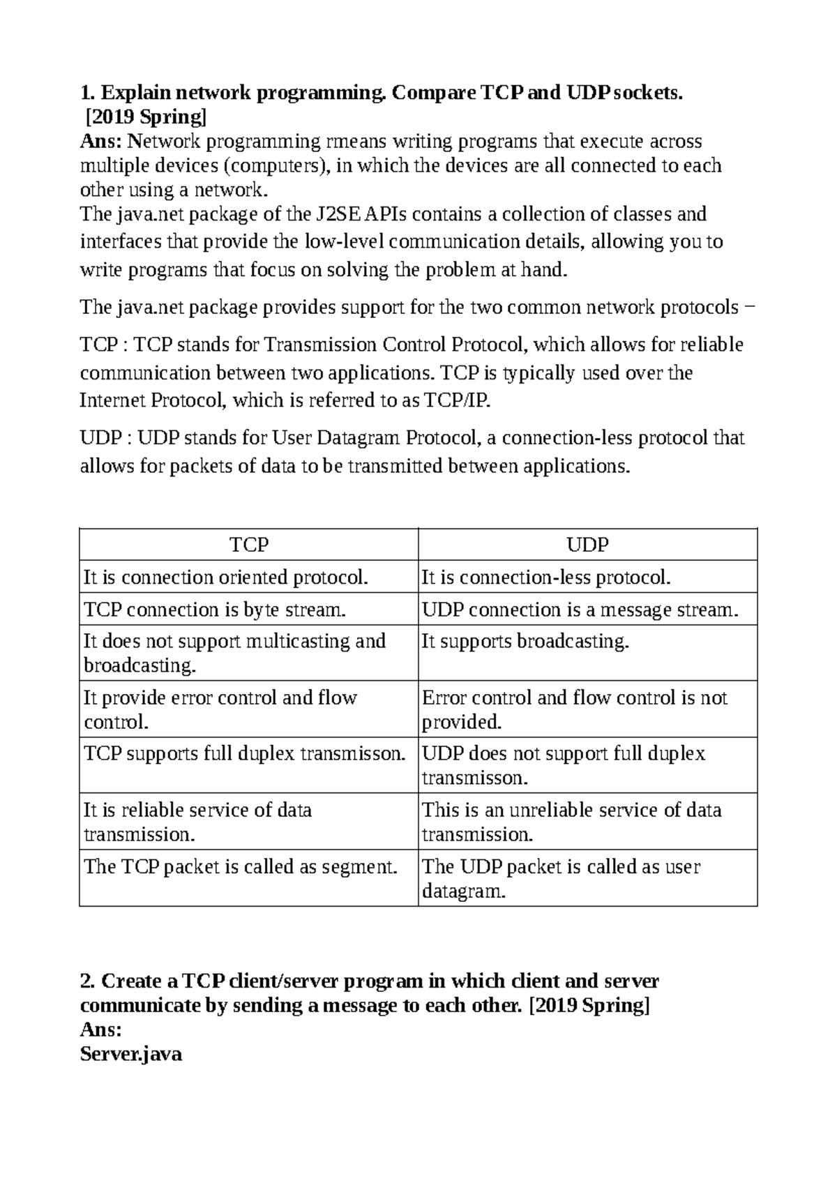 Java Question and Answer - 1. Explain network programming. Compare TCP ...