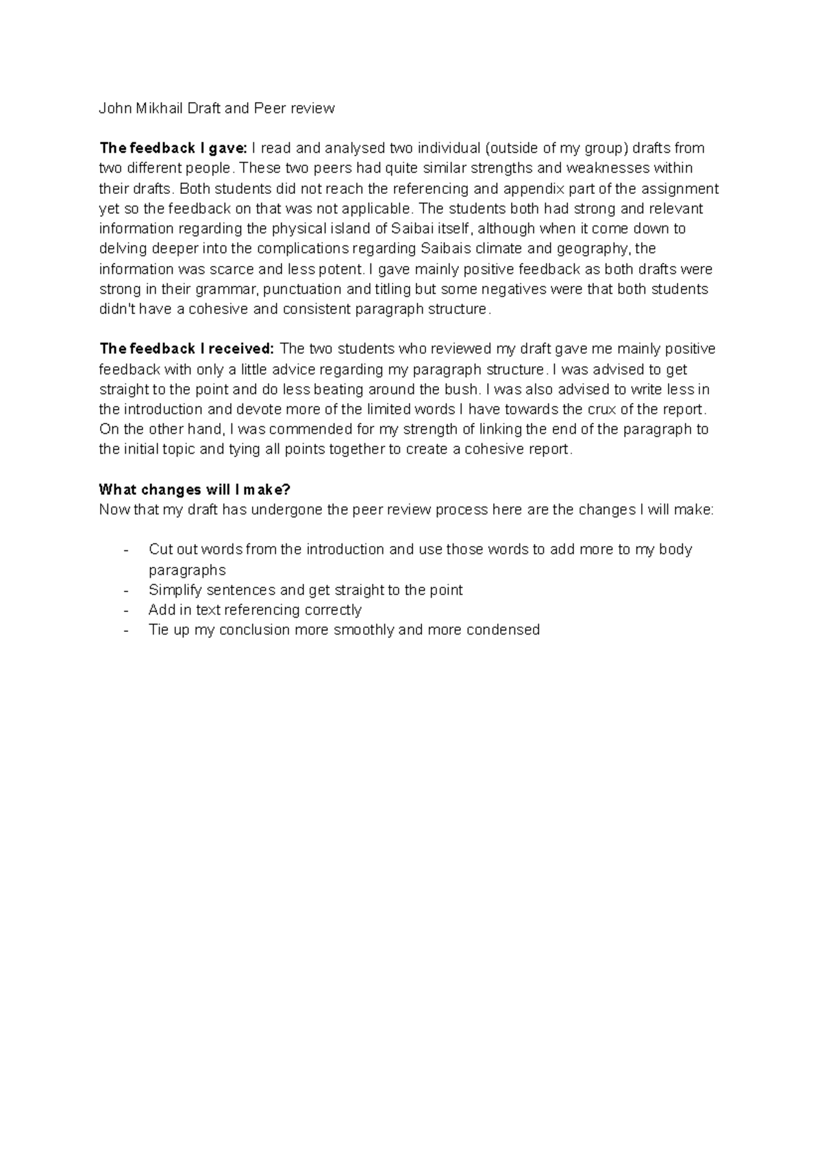 Peer Review Feedback on Draft - Analysis & Improvement Notes - Studocu