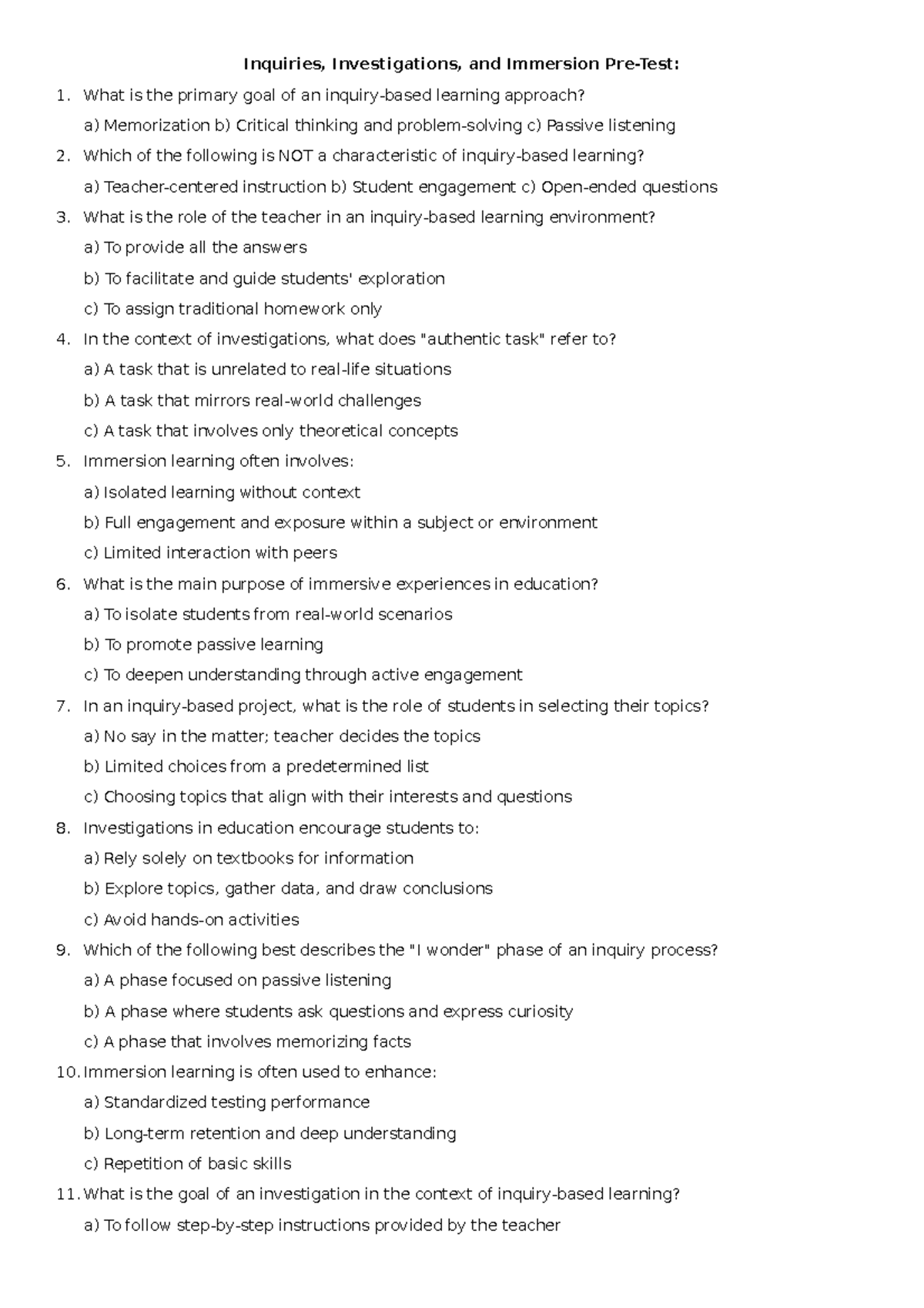 3 I's Pre-test: Inquiries, Investigations, and Immersion Concepts - Studocu