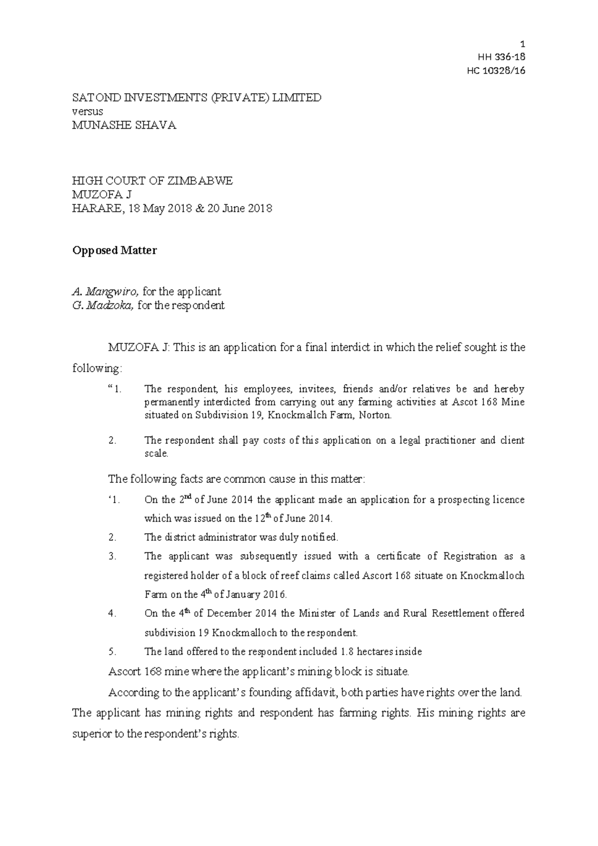 HH 336-18: Final Interdict Case Study - Investments vs. Shava - Studocu
