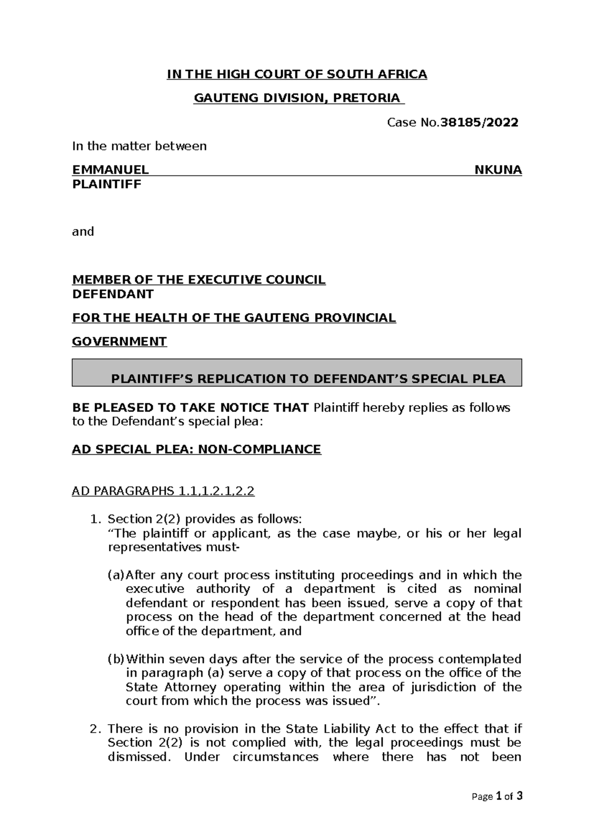 Reply to Special Plea in Nkuna v MEC for Gauteng Health Case No ...