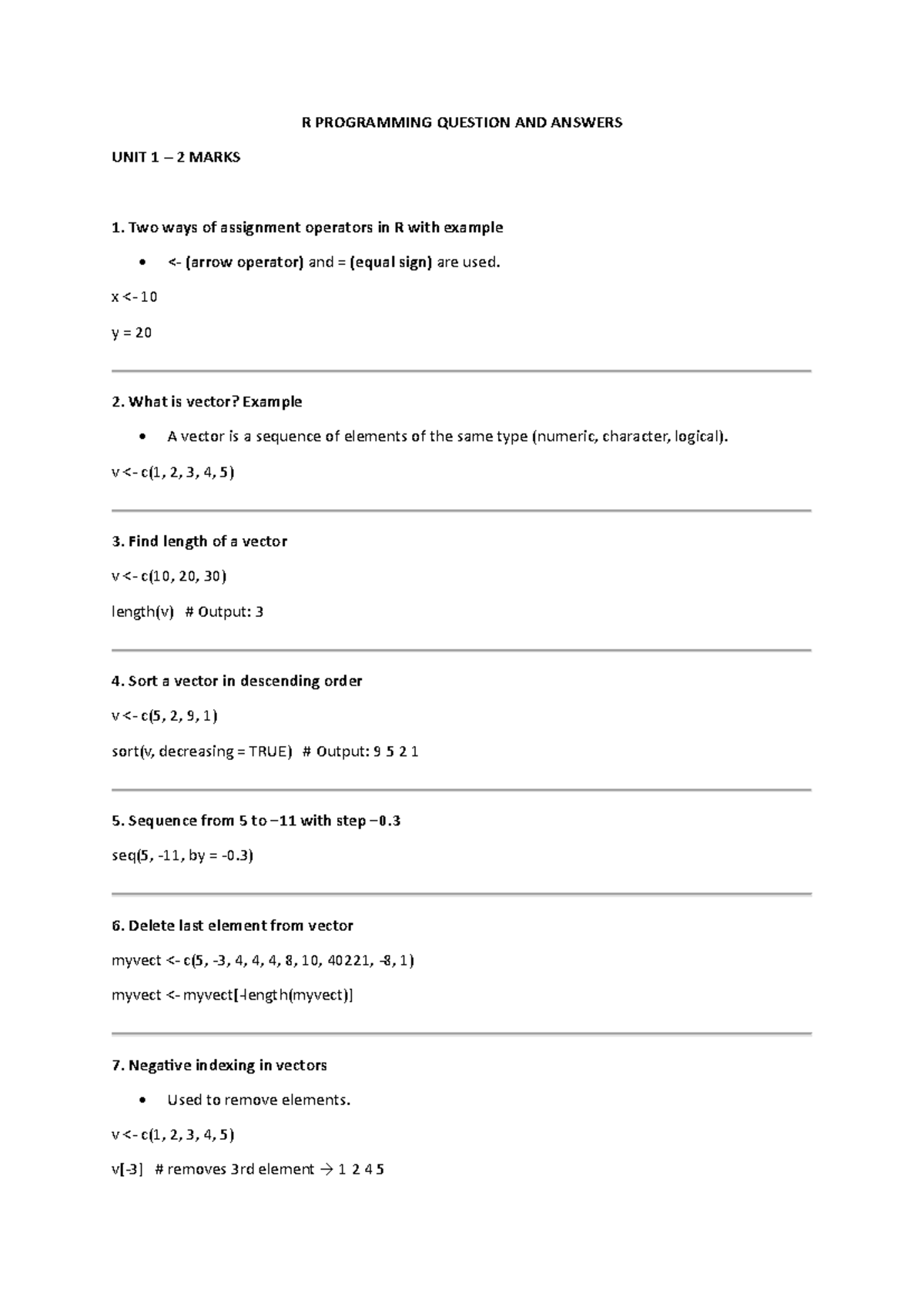 R Programming Q&A: Unit 1 - 2 Marks Overview - Studocu