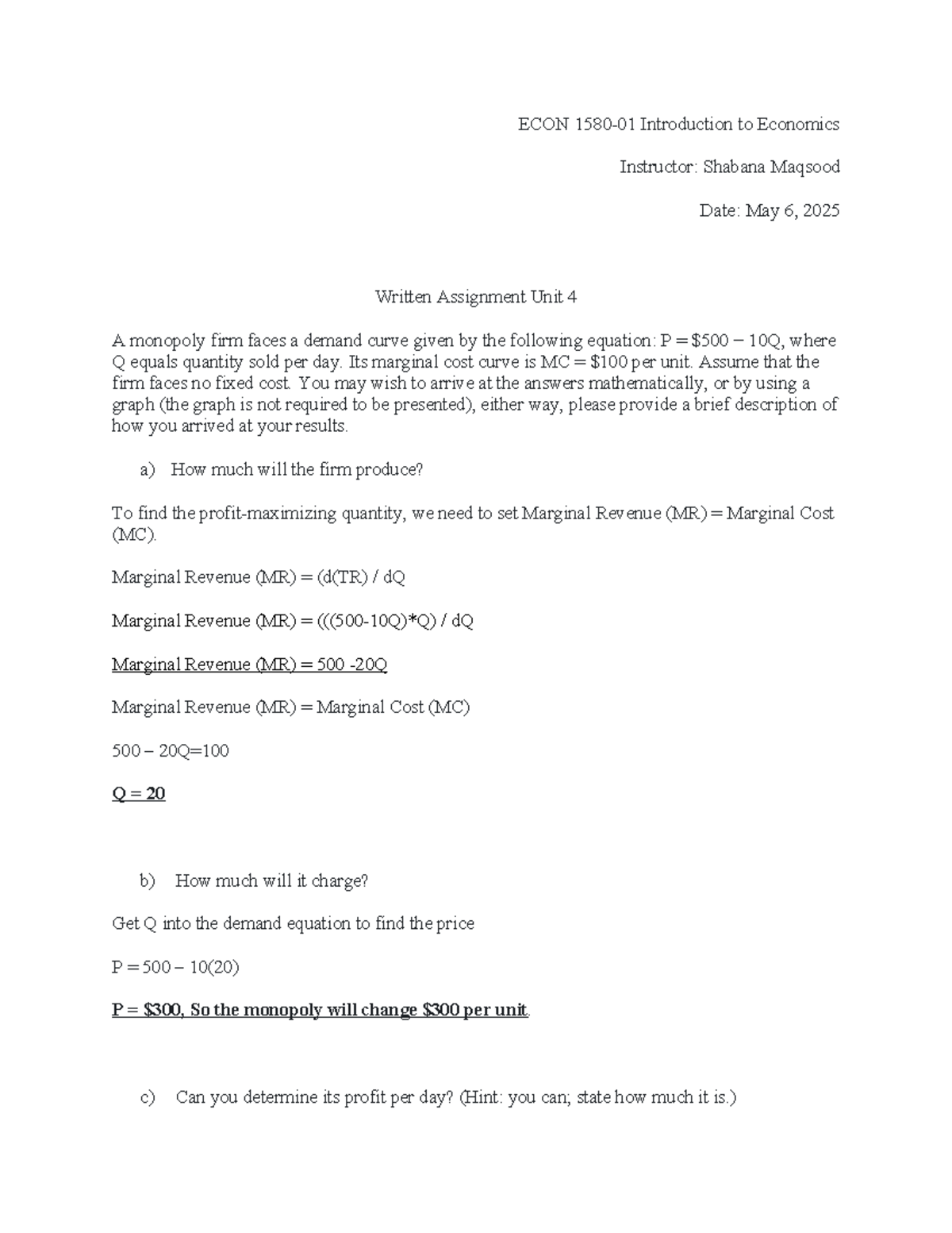 ECON 101: Written Assignment on Monopoly Analysis - Unit 4 - Studocu