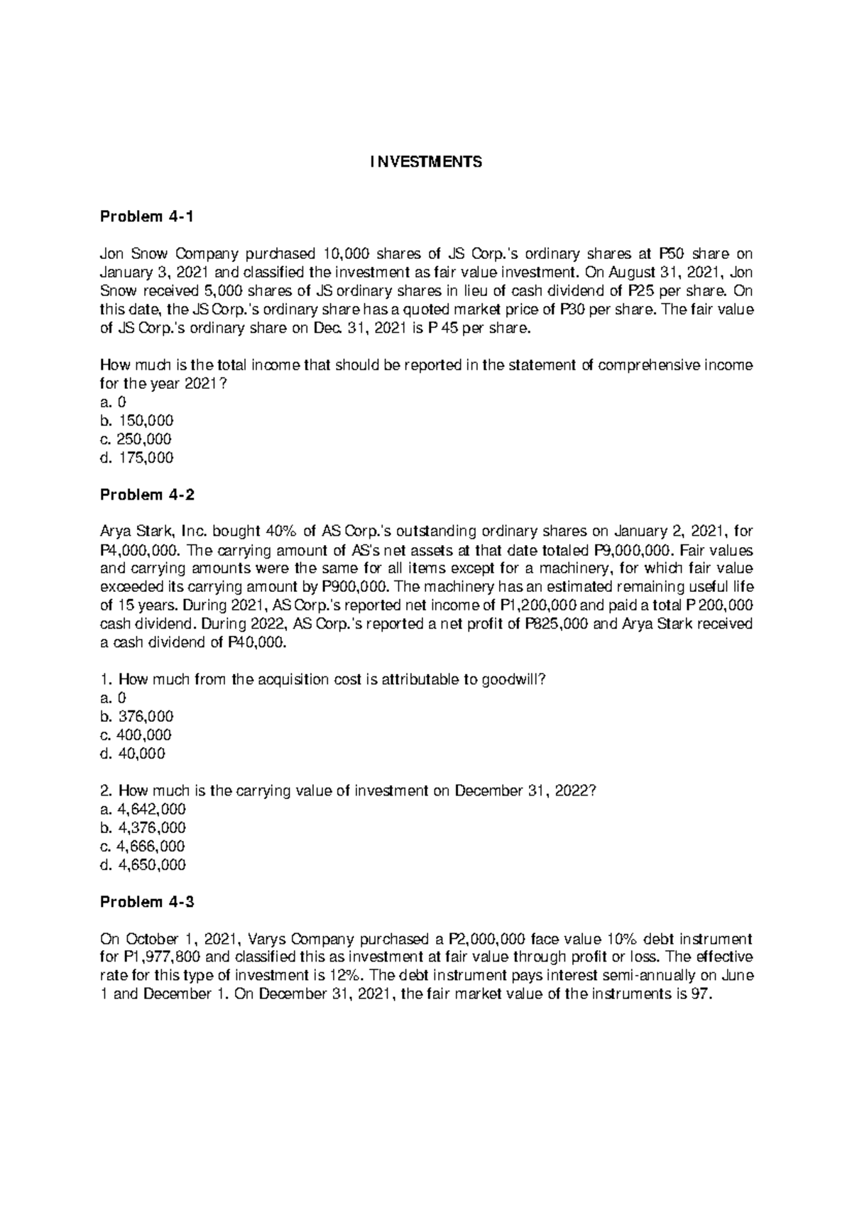 Intermediate Accounting 1: Investment Case Problems Analysis - Studocu