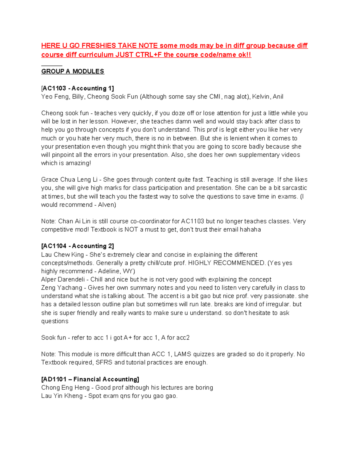 Prof List - Course Reviews for AC1103, FM, and Business Modules - Studocu
