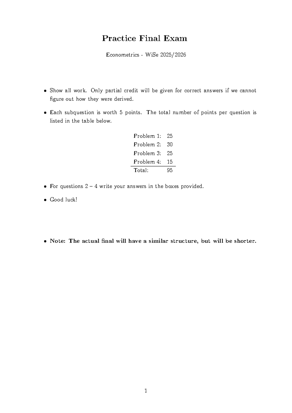 Practice Final Exam - Econometrics WiSe: Problem Breakdown and ...