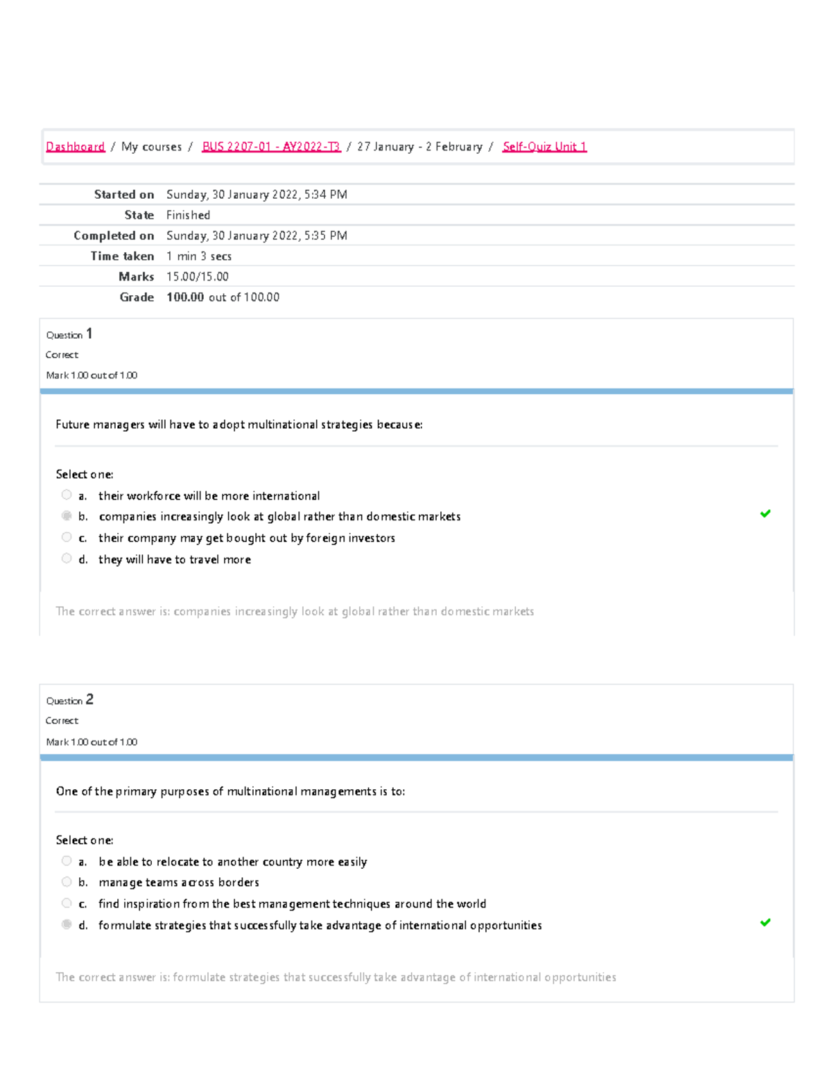 BUS 2207 Self Quiz 1 - Revision Questions and Answers Overview - Studocu