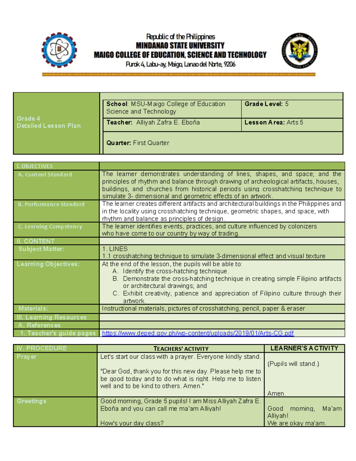 Grade 5 Arts Lesson Plan: Crosshatching Techniques and Filipino ...