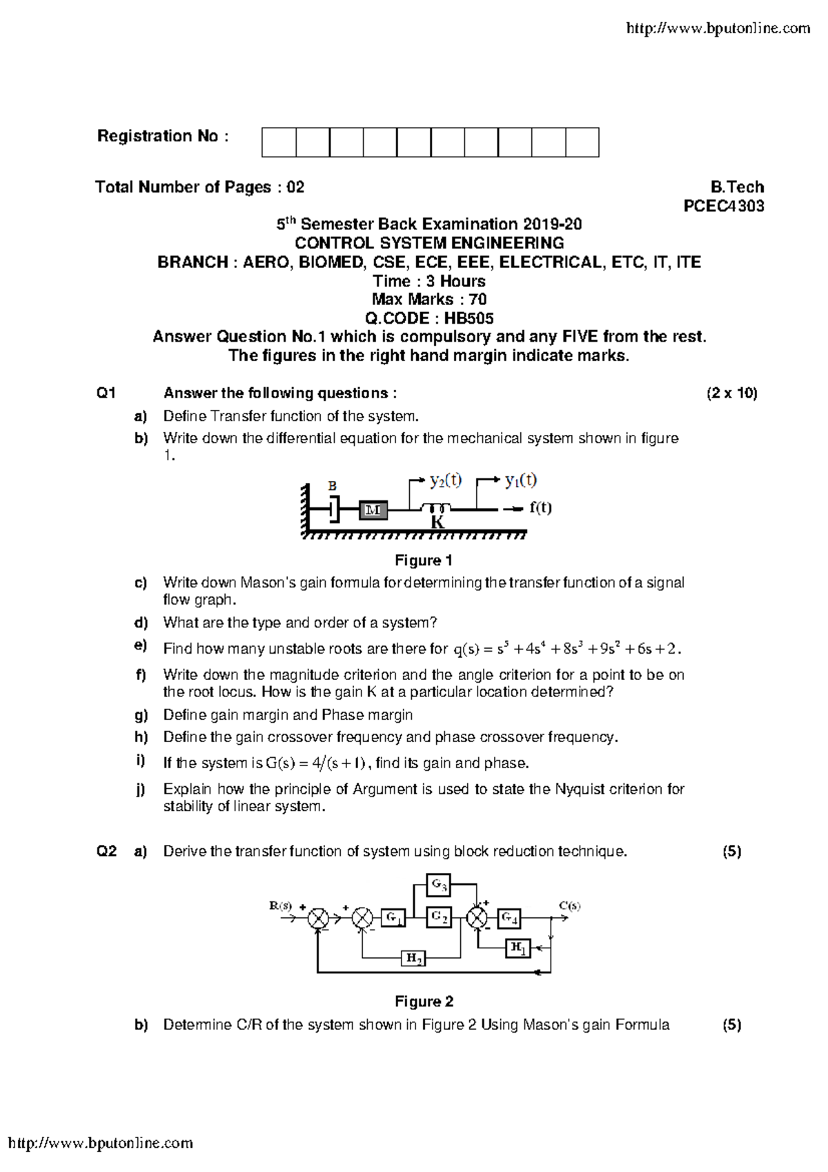 B.Tech PCEC4303 5th Sem Control System Engineering Exam Paper - Studocu