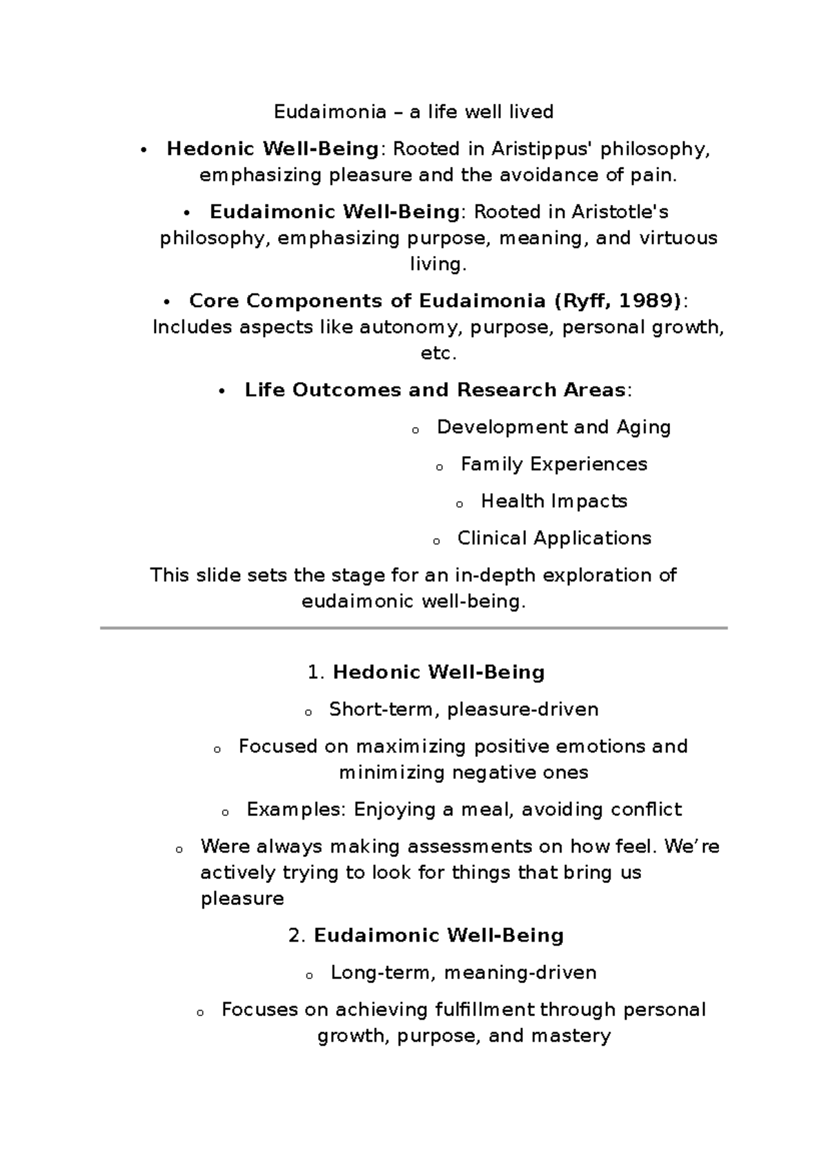 Eudaimonia and Life Satisfaction: Insights for PSYCH Students - Studocu