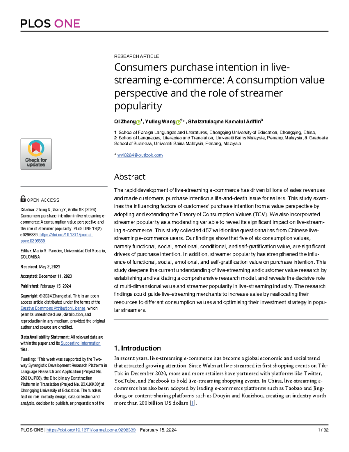 Consumers' Purchase Intention in Live-Streaming E-Commerce: The Role of ...