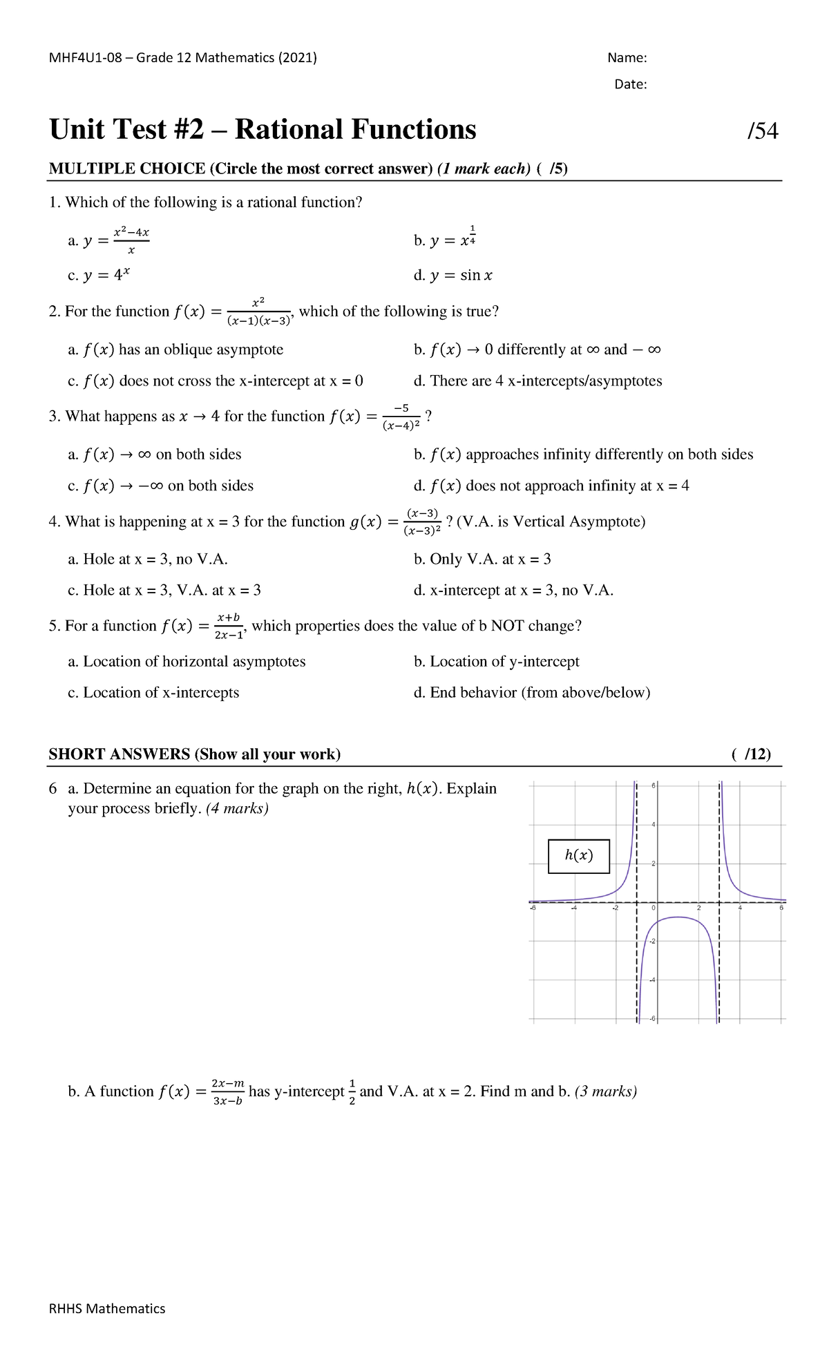 MHF4U Unit Test 2a - Rational Functions Assessments and Answers - Studocu