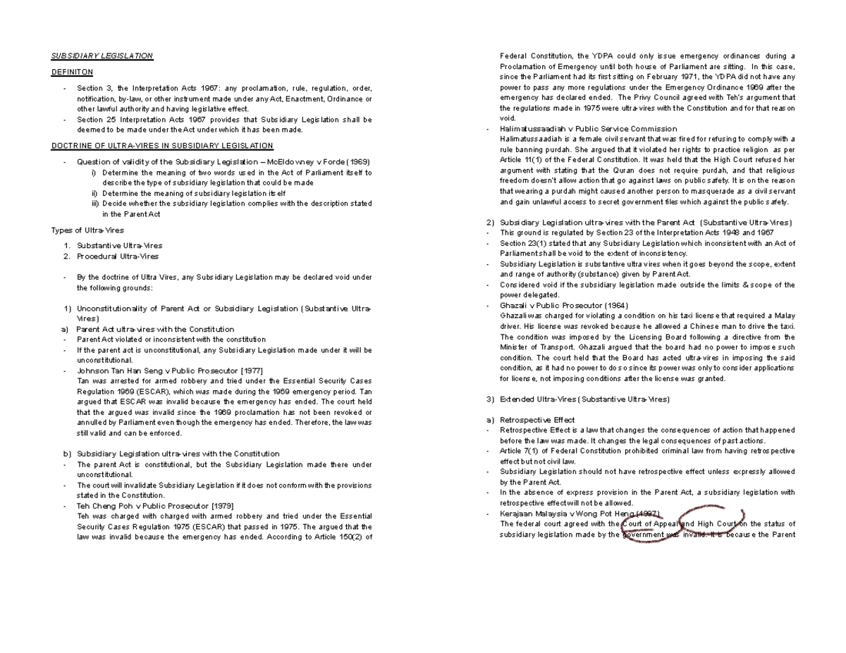 LAW309 Subsidiary Legislation Revision Notes - Document Preview