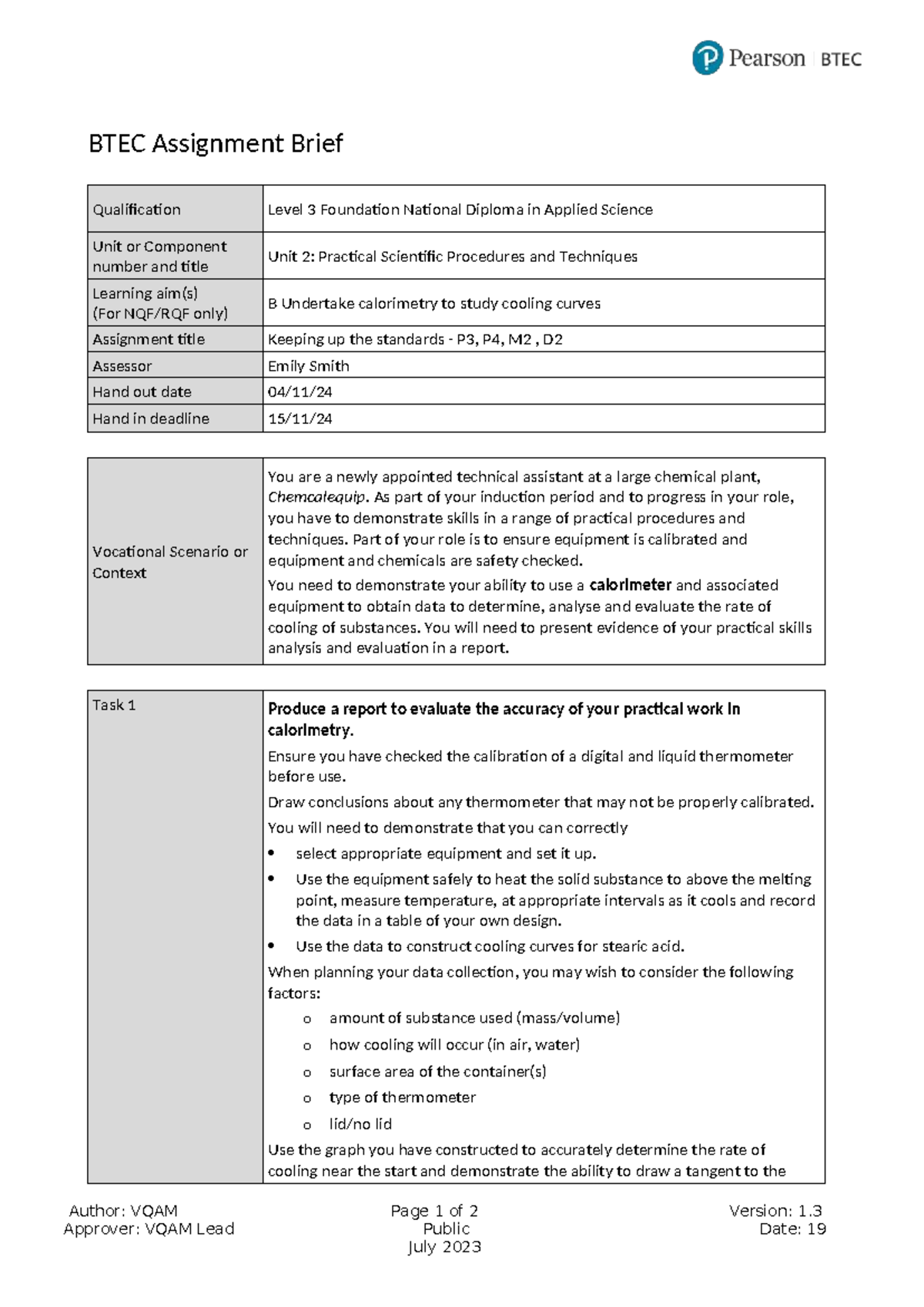 BTEC Level 3 Assignment Brief: Unit 2B - Calorimetry Techniques - Studocu