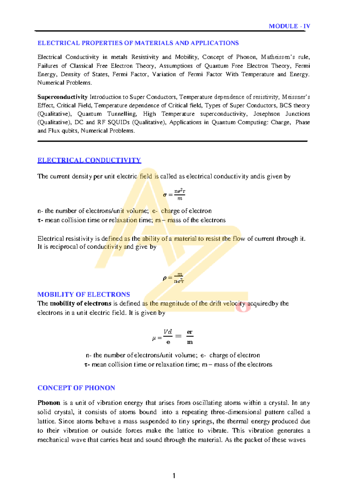 Bphys 102 Module IV: Electrical Properties & Superconductivity Concepts ...