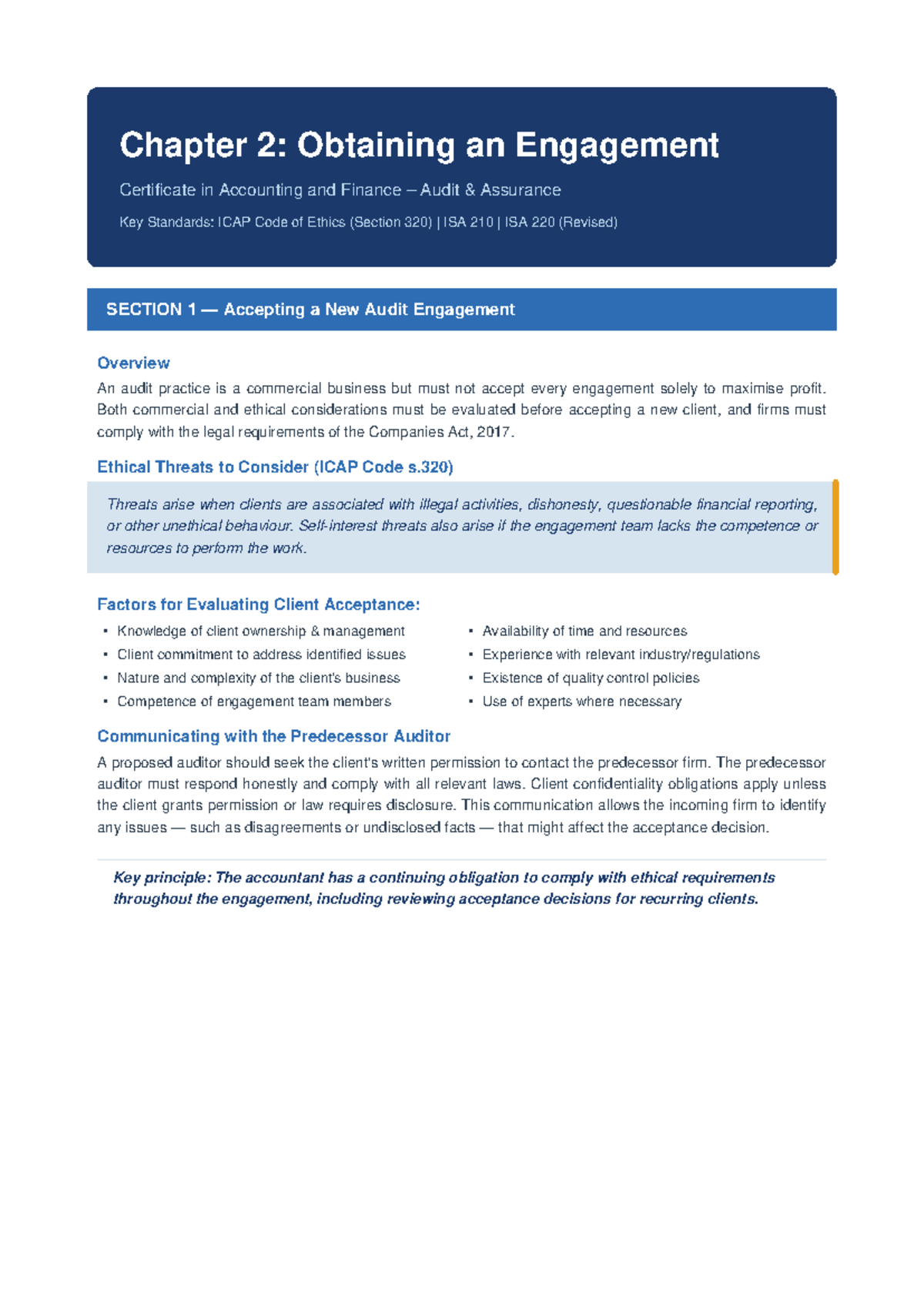 Chapter 2 Summary: Engagement Certificate in Audit Assurance (ACCT 101 ...