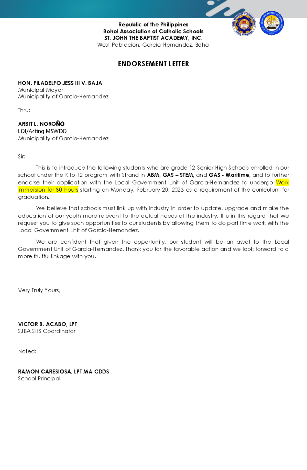 Endorsement Letter Work Immersion LGU - Republic of the Philippines ...