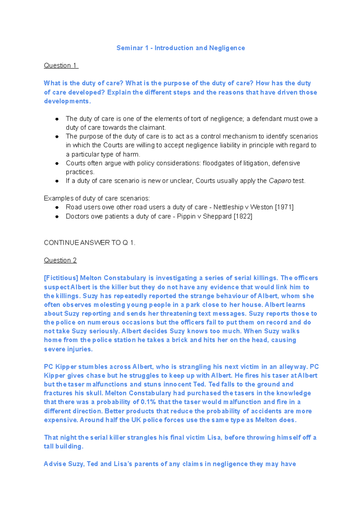 Negligence: Seminar 1 - Duty of Care and Case Analysis Notes - Studocu