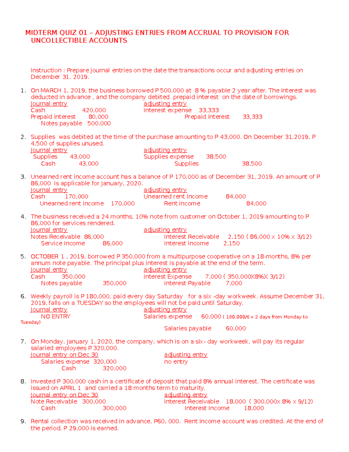 MIDTERM QUIZ 01 - ADJUSTING ENTRIES FOR UNCOLLECTIBLE ACCOUNTS - Studocu