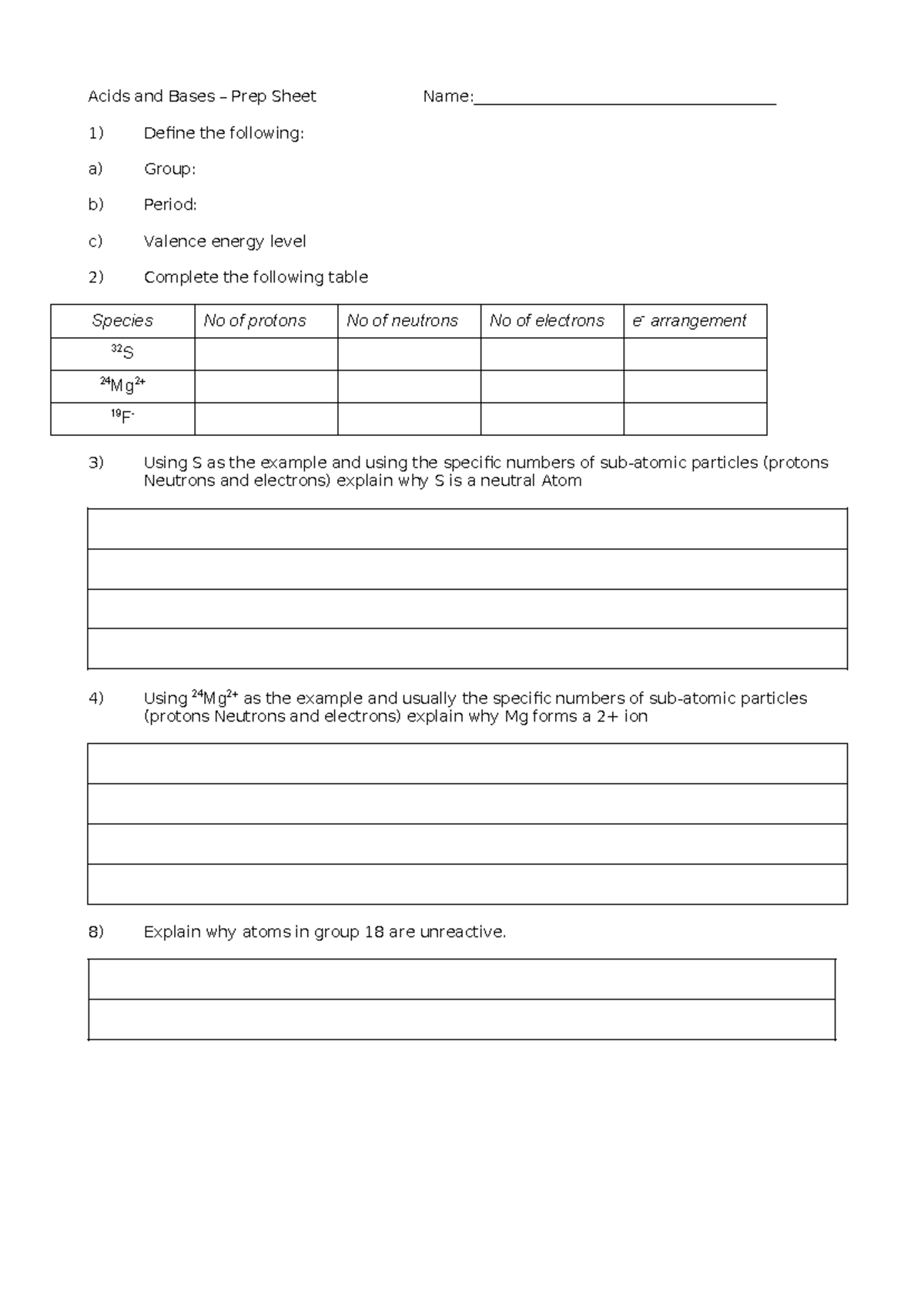 Acids and Bases first prep sheet - Acids and Bases – Prep Sheet - Studocu