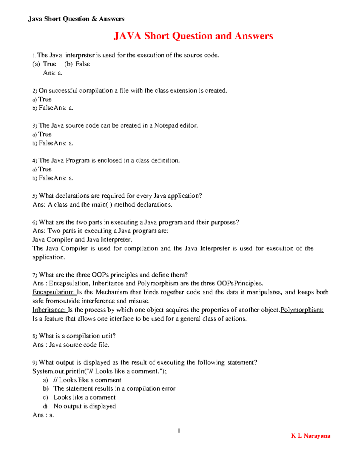 Java Short Question Answers - JAVA Short Q&A for Exam Preparation - Studocu
