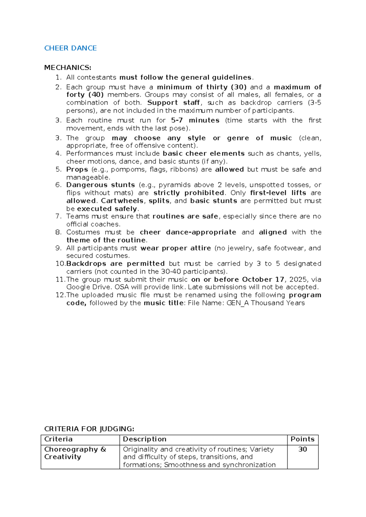 UGT - Cheer Dance Mechanics and Guidelines for Contestants - Studocu