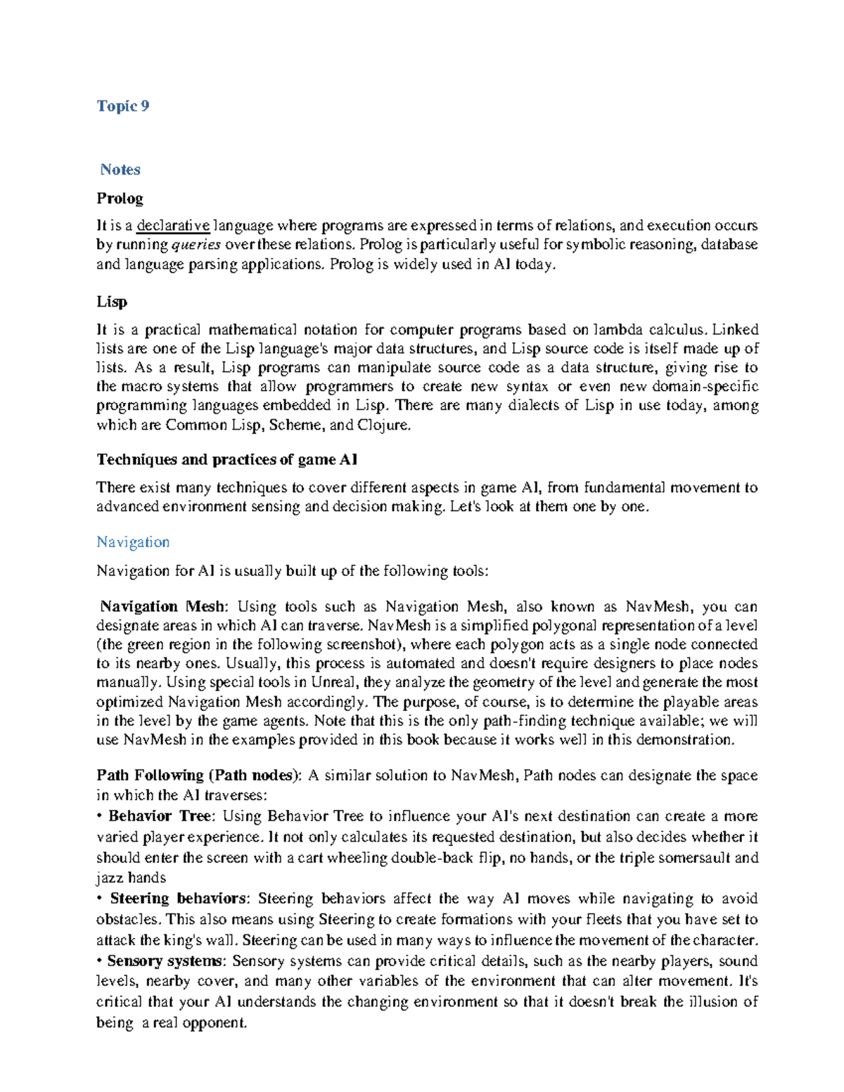 Topic 9 Notes - Game AI Techniques and Prolog Overview - Studocu