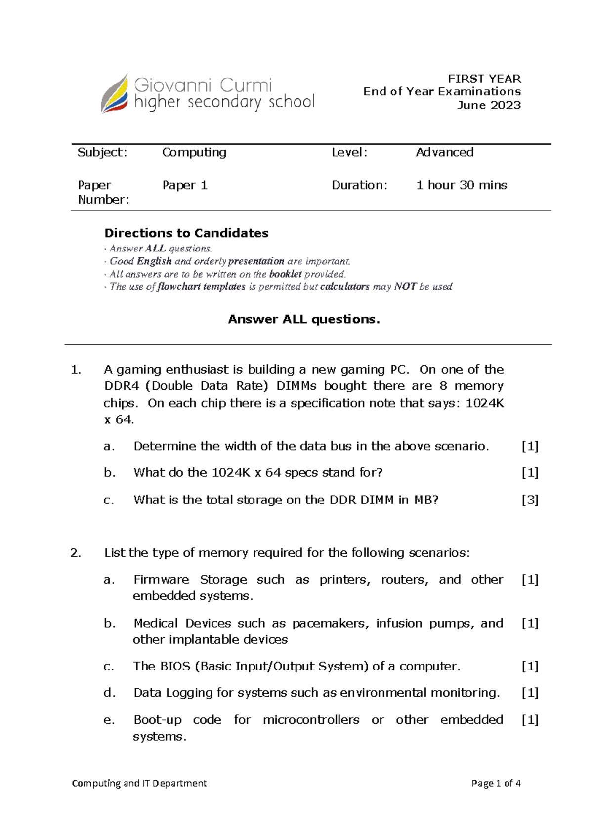 Computing 101: Final Exam Paper 1 - June 2023 - Studocu