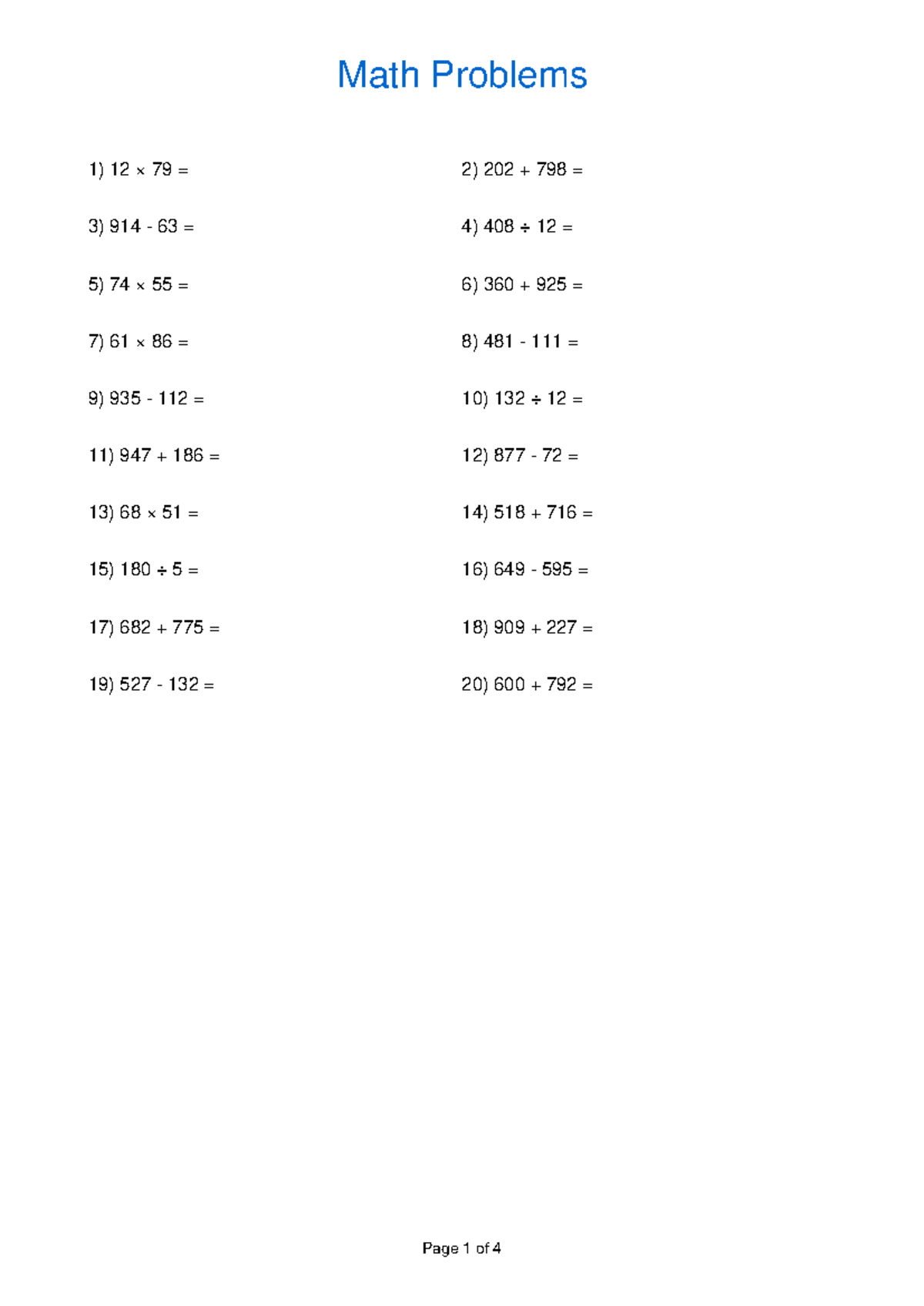 Math worksheet practice: problem set and answer key - Studocu