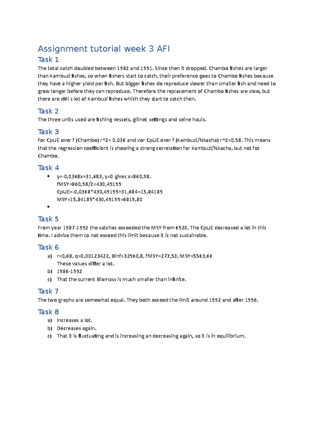 AFI Assignment Tutorial Week 3: Fishery Dynamics Analysis - Studeersnel