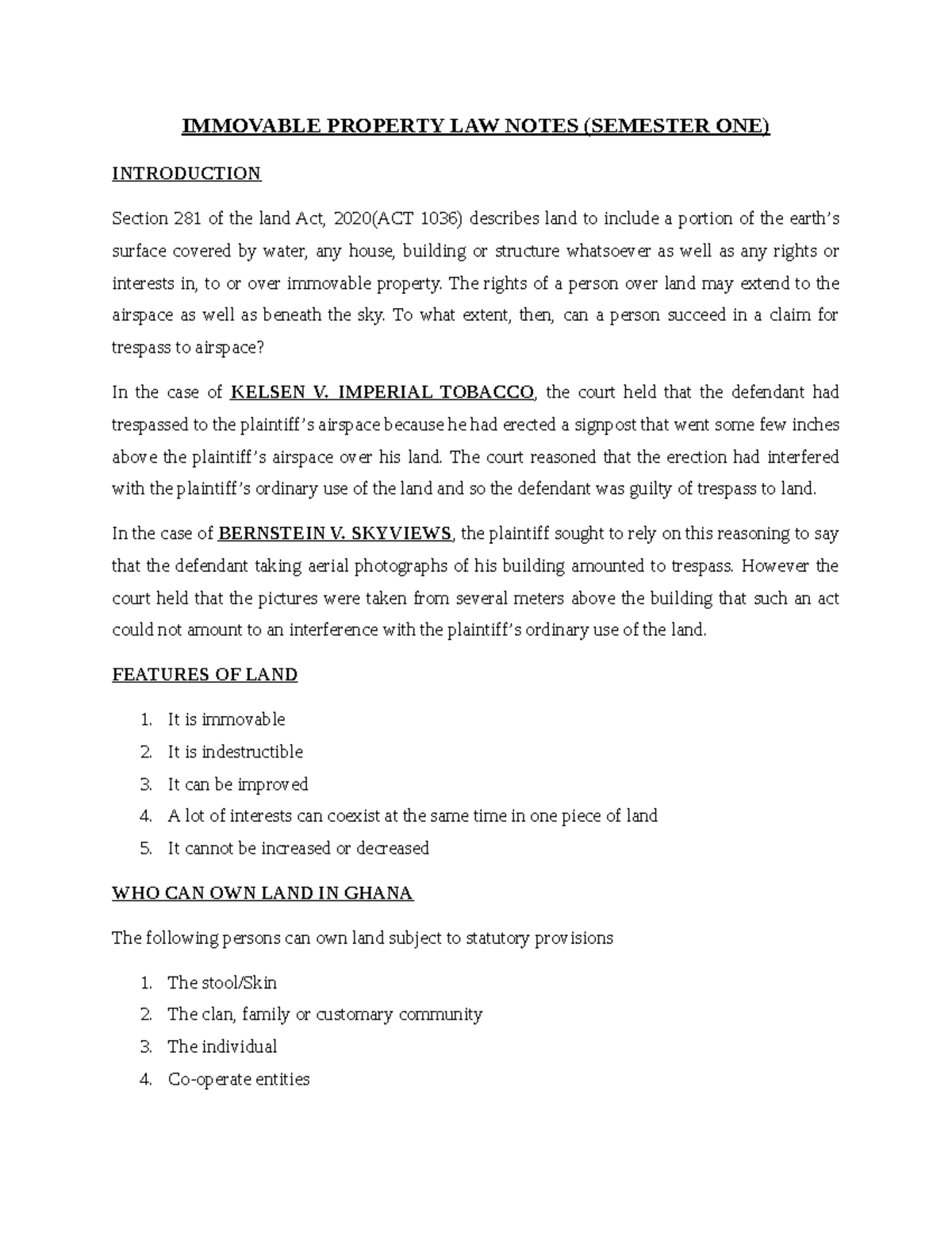 Immovable Property Law Notes - Semester 1 Overview and Key Cases - Studocu
