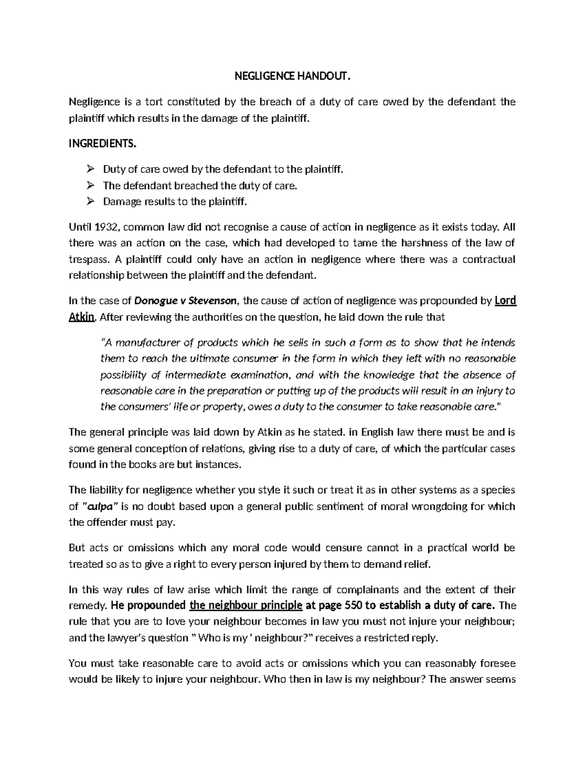NEGLIGENCE HANDOUT: Key Principles and Case Law Analysis - Studocu