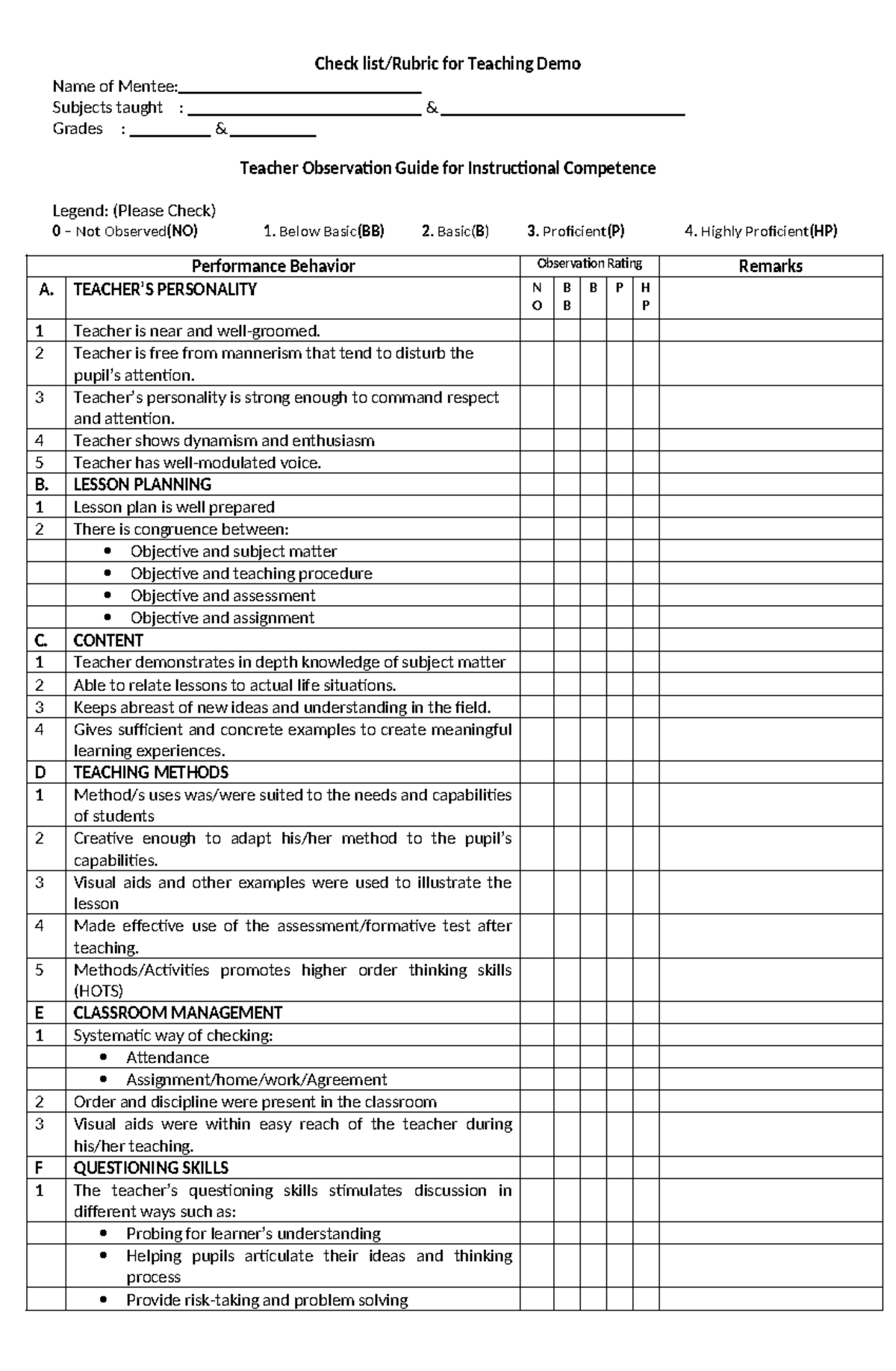 Teaching Demo Observation Guide Rubric - Checklist - Studocu
