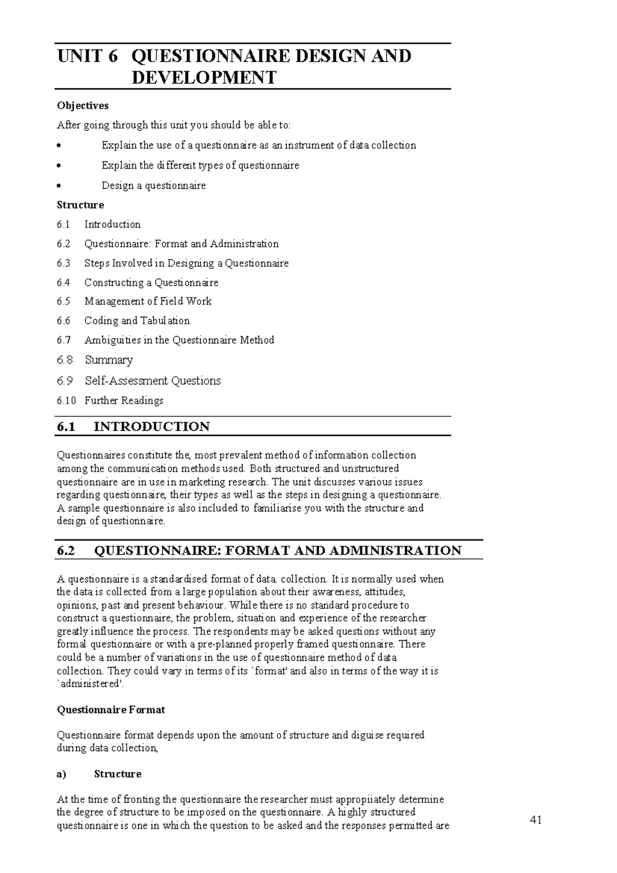 Unit 6: Questionnaire Design & Development Overview - Studocu