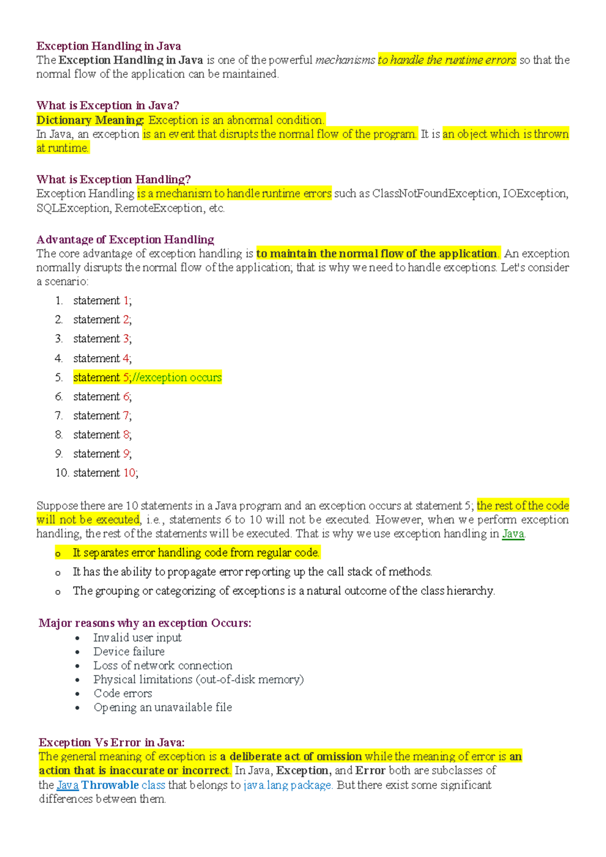 Exception Handling in Java: Key Concepts and Mechanisms - Studocu